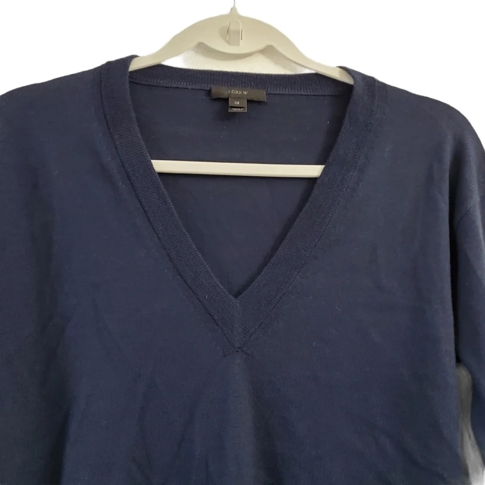 J. Crew Sweater XS Womens Navy Blue Merino‎ Wool V-Neck Drawstring Sleeve G9845